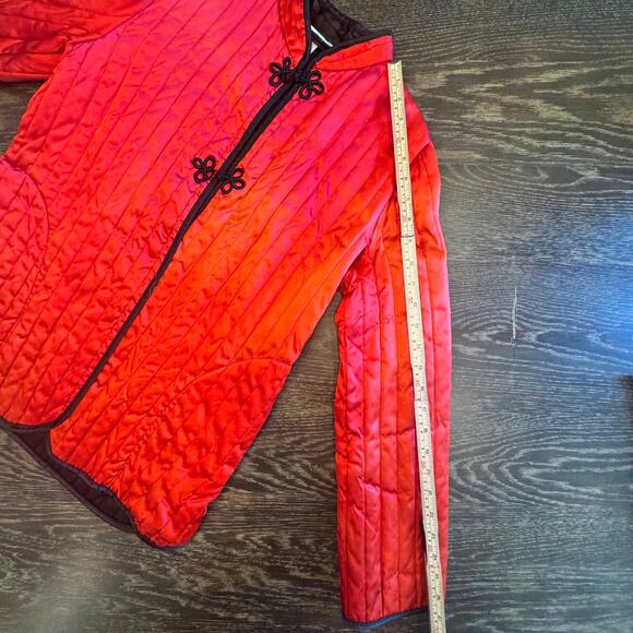 Vintage Neiman-Marcus Quilted Satin Jacket Frog Closures Mandarin Collar M Red - Picture 13 of 16